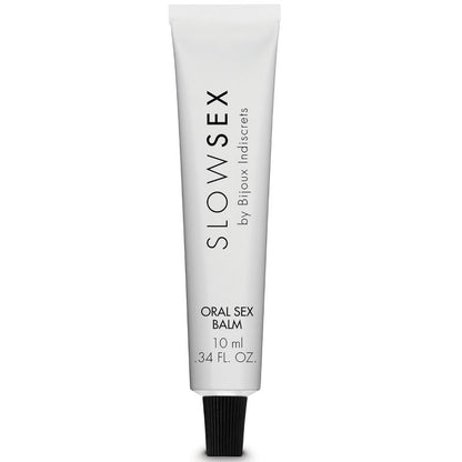 Balsamo para sexo oral BIJOUX SLOW SEX, frasco de 10 ml con envase transparente y etiqueta blanca, para mejorar la experiencia oral.