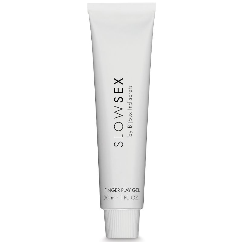 Gel de masaje con dedos BIJOUX SLOW SEX, frasco de 30 ml, con textura transparente y envase compacto para uso íntimo.