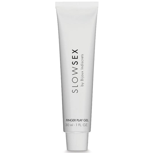 Gel de masaje con dedos BIJOUX SLOW SEX, frasco de 30 ml, con textura transparente y envase compacto para uso íntimo.
