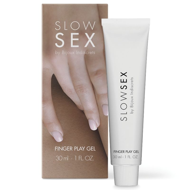Gel de masaje con dedos BIJOUX SLOW SEX, 30 ml, muestra el envase con textura de gel transparente y aplicador para masajes íntimos.
