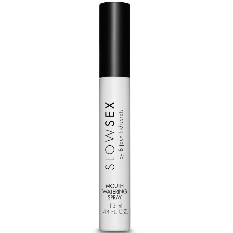 Spray estimulante para la boca BIJOUX SLOW SEX, 13 ml, botella con envase transparente y etiqueta colorida.