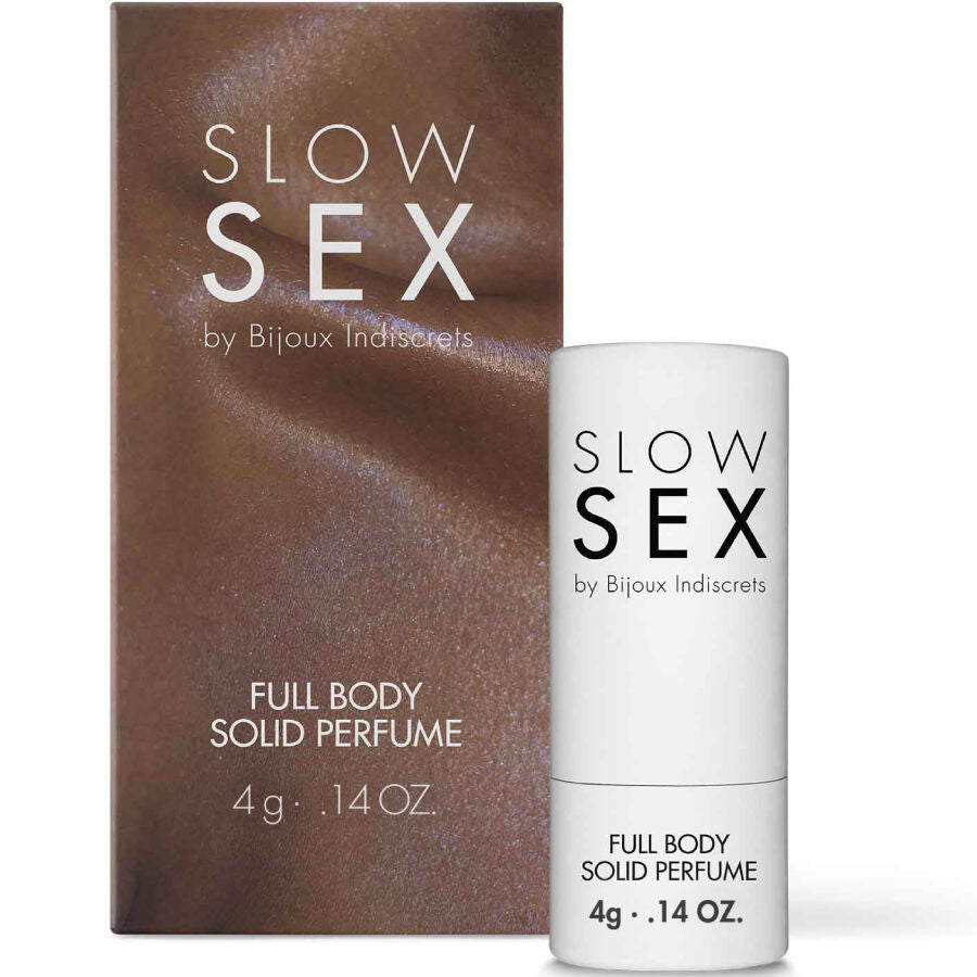 Perfume corporal sólido de la marca BIJOUX SLOW SEX, fragancia en envase compacto y elegante.
