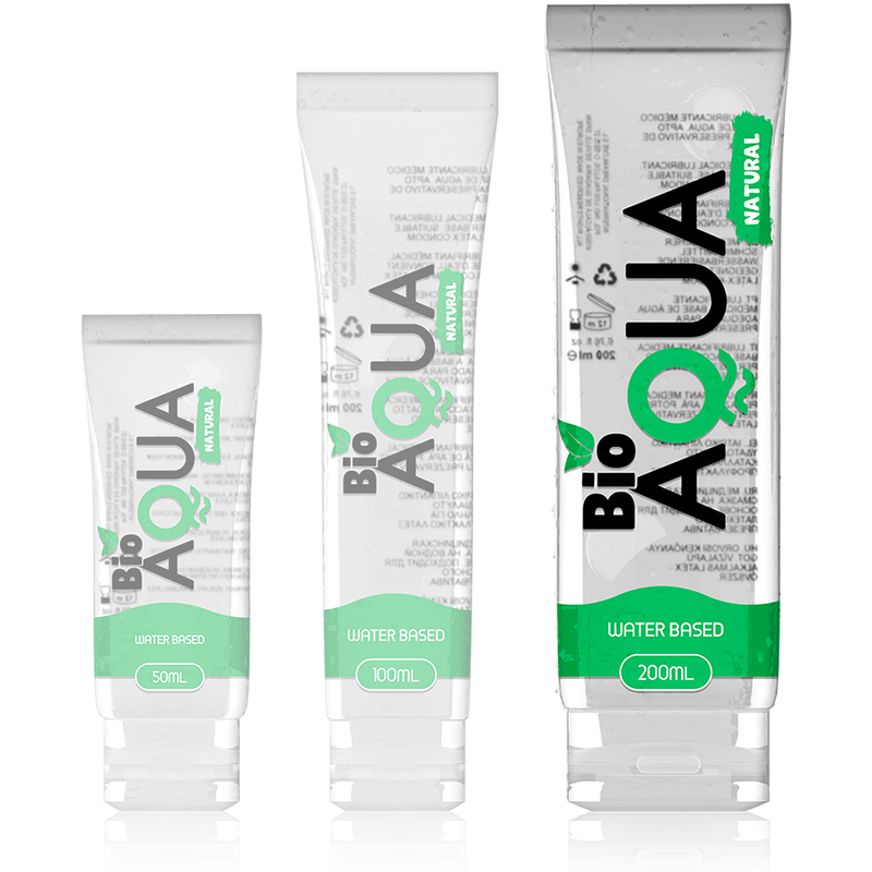 Lubricante BIOAQUA con ingredientes naturales y base de agua, 200 ml, en envase transparente.