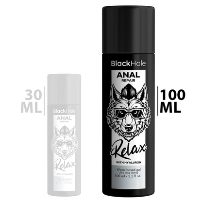 Base de reparación anal Black Hole con agua relax y ácido hialurónico, envase de 100 ml, para cuidado íntimo y relajación