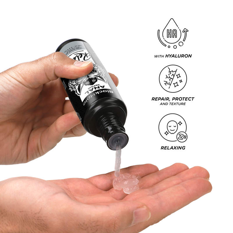 Base de reparación anal BLACK HOLE, con agua relajante y ácido hialurónico, en envase de 100 ml.