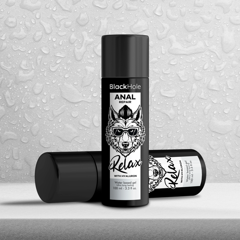 Base anal relajante BLACK HOLE ANAL REPAIR con agua y ácido hialurónico, 100 ml, para cuidado y confort anal.