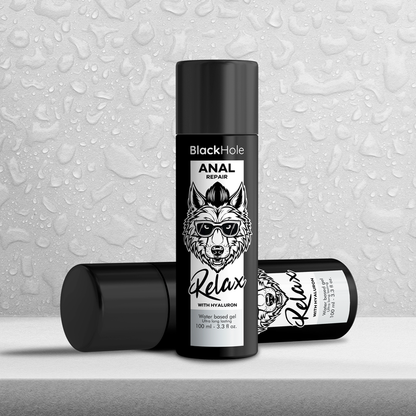 Base anal relajante BLACK HOLE ANAL REPAIR con agua y ácido hialurónico, 100 ml, para cuidado y confort anal.