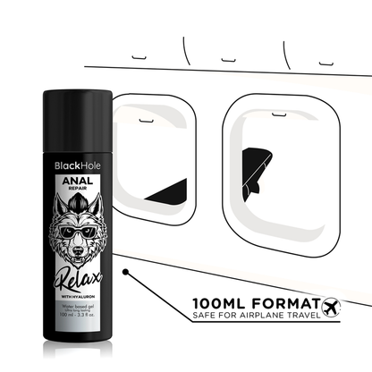 Base anal relajante de agua BLACK HOLE ANAL REPAIR con hyaluron, 100 ml, en envase con logo y textura suave visible.