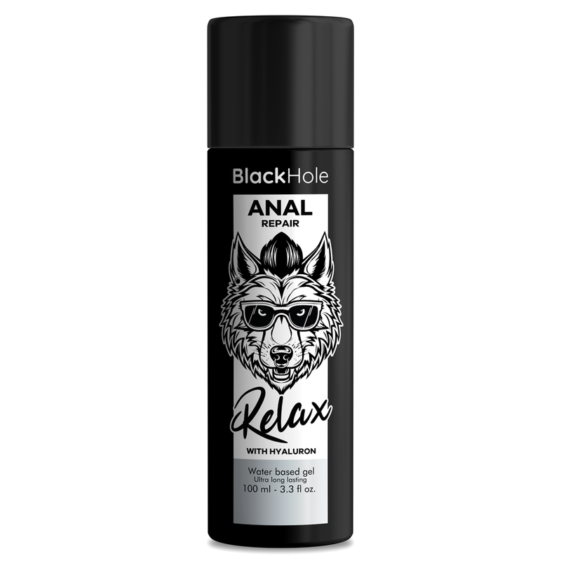 Base de reparación anal Black Hole, con agua relax y ácido hialurónico, en frasco de 100 ml, para cuidado íntimo.