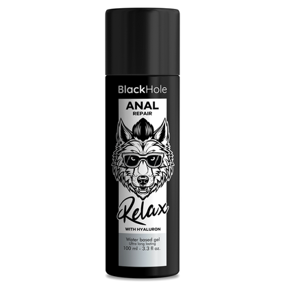 Base de reparación anal Black Hole, con agua relax y ácido hialurónico, en frasco de 100 ml, para cuidado íntimo.