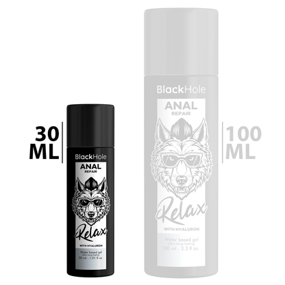 Base anal de reparación BLACK HOLE, con agua relax y ácido hialurónico, en frasco de 30 ml, para cuidado íntimo.