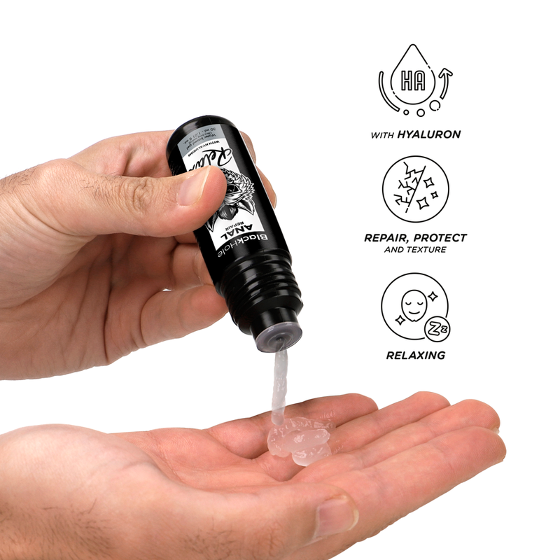 Base anal BLACK HOLE ANAL REPAIR con agua y ácido hialurónico, 30 ml, para cuidado y relajación de la zona anal.