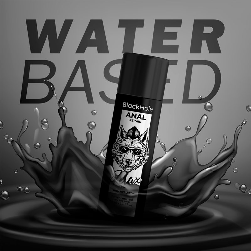Base de reparación anal BLACK HOLE, con agua relajante y ácido hialurónico, 30 ml, para cuidado íntimo y suavidad.