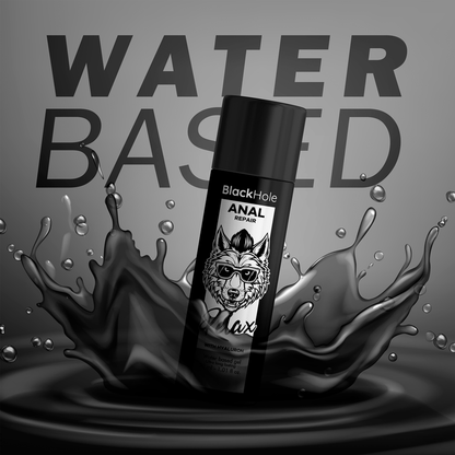 Base de reparación anal BLACK HOLE, con agua relajante y ácido hialurónico, 30 ml, para cuidado íntimo y suavidad.