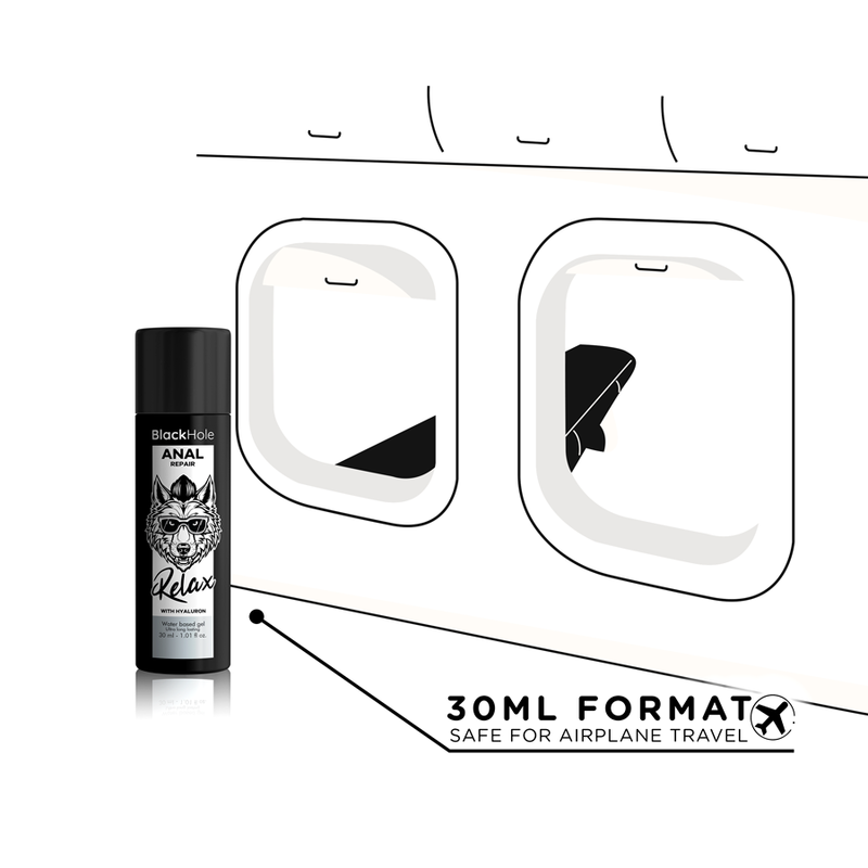 Base anal BLACK HOLE REPAIR con agua y ácido hialurónico, 30 ml, para relax y cuidado íntimo.