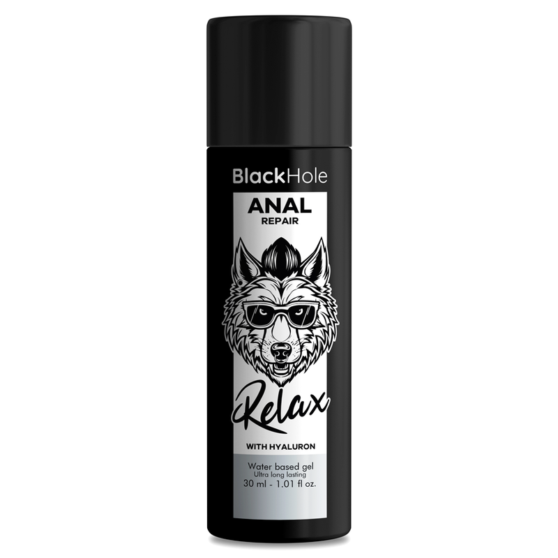 Base anal relajante Black Hole con agua y ácido hialurónico, reparación y suavidad en frasco de 30 ml.