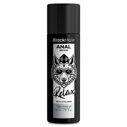 Base anal relajante Black Hole con agua y ácido hialurónico, reparación y suavidad en frasco de 30 ml.