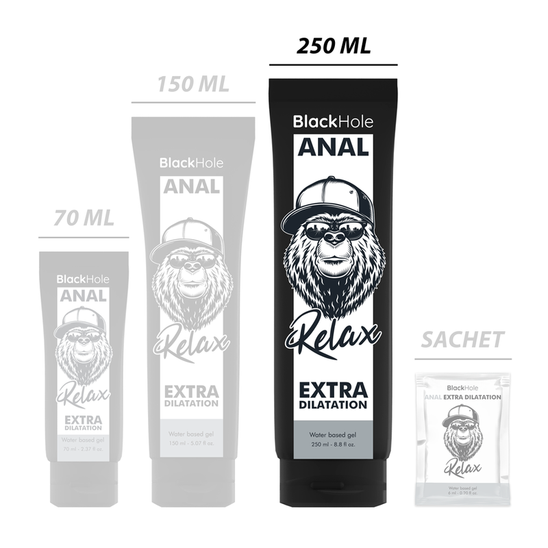 Gel base de agua para dilatación anal Black Hole, frasco de 250 ml, textura transparente y suave para uso íntimo.