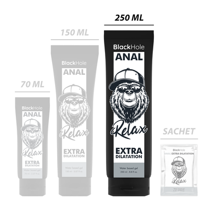 Gel base de agua para dilatación anal Black Hole, frasco de 250 ml, textura transparente y suave para uso íntimo.