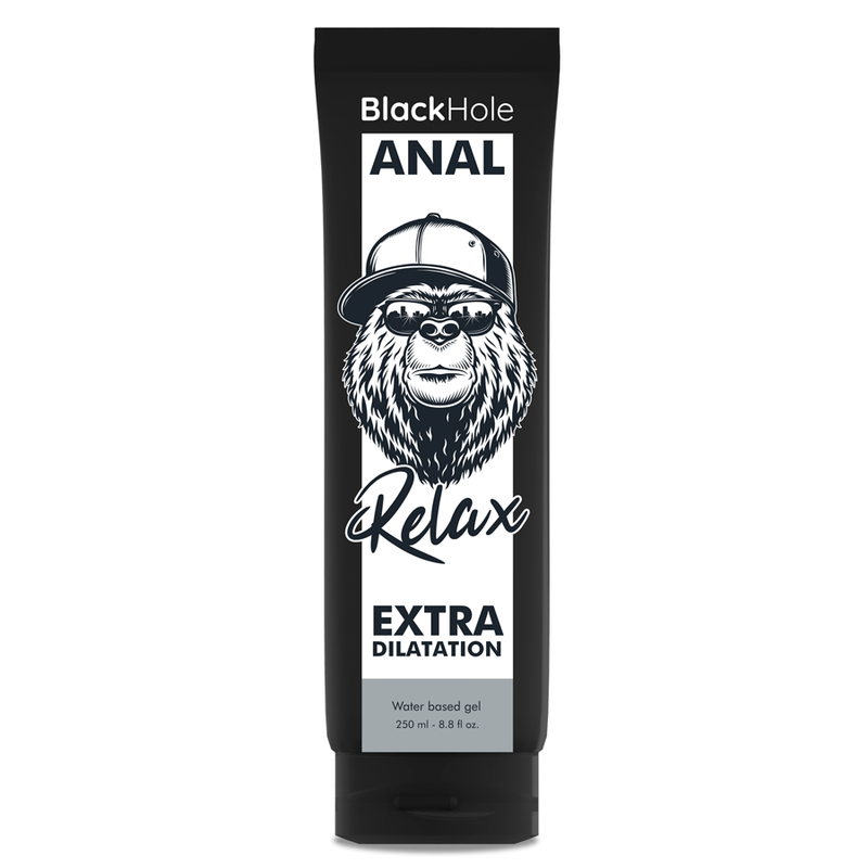 Gel base de agua de dilatación anal BLACK HOLE, frasco de 250 ml, con textura transparente y envase negro.