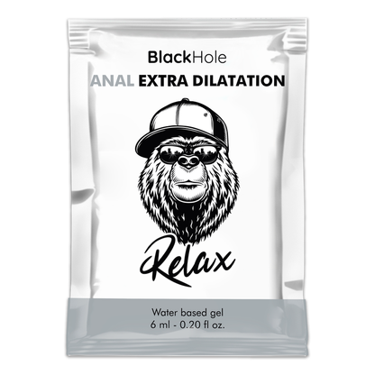 Gel base de agua BLACK HOLE para dilatación anal, frasco monodosis de 6 ml, fórmula lubricante y segura para uso anal.