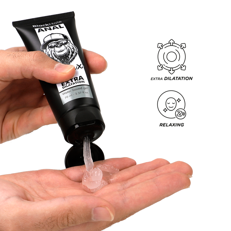 Gel base de agua BLACK HOLE para dilatación anal, 70 ml, con textura suave y fácil de aplicar.