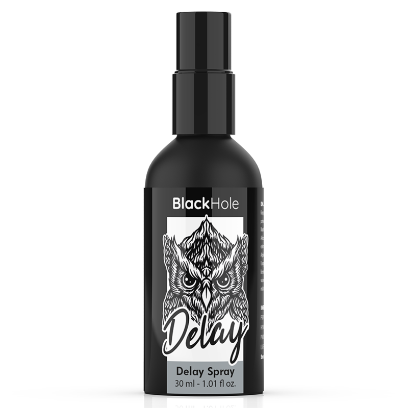 Spray retardante para estudio BLACK HOLE Study Forte de 30 ml, botella negra con etiqueta blanca y negra.