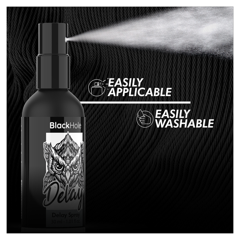 Spray retardante BLACK HOLE Study Forte de 30 ml, botella con pulverizador y etiqueta negra en primer plano.