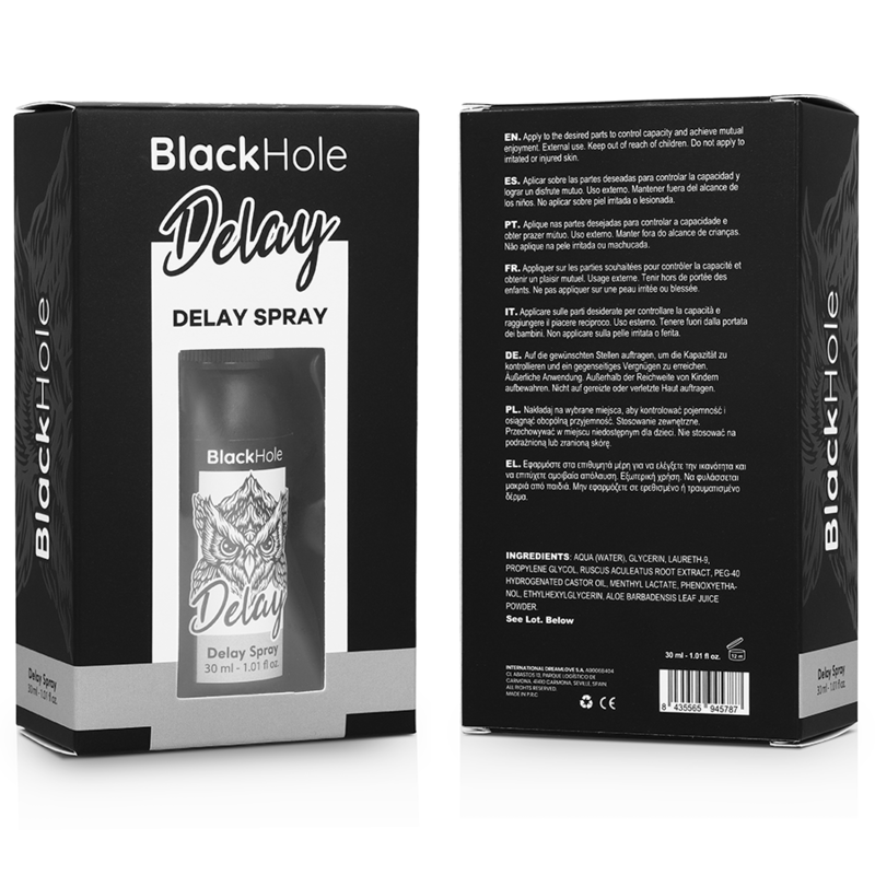 Spray retardante Black Hole Study Forte de 30 ml en botella negra, diseñado para protección y duración del estudio.