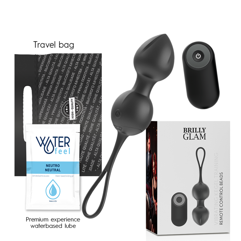 Bolas kegel vibradoras BRILLY GLAM con control remoto, diseño elegante y tamaño compacto para entrenamiento y placer.