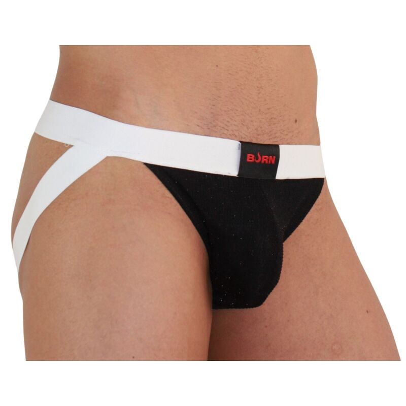 Jock brillante negro y blanco BURN, modelo BURN - 004, con diseño ajustado y detalles reflectantes para deporte.