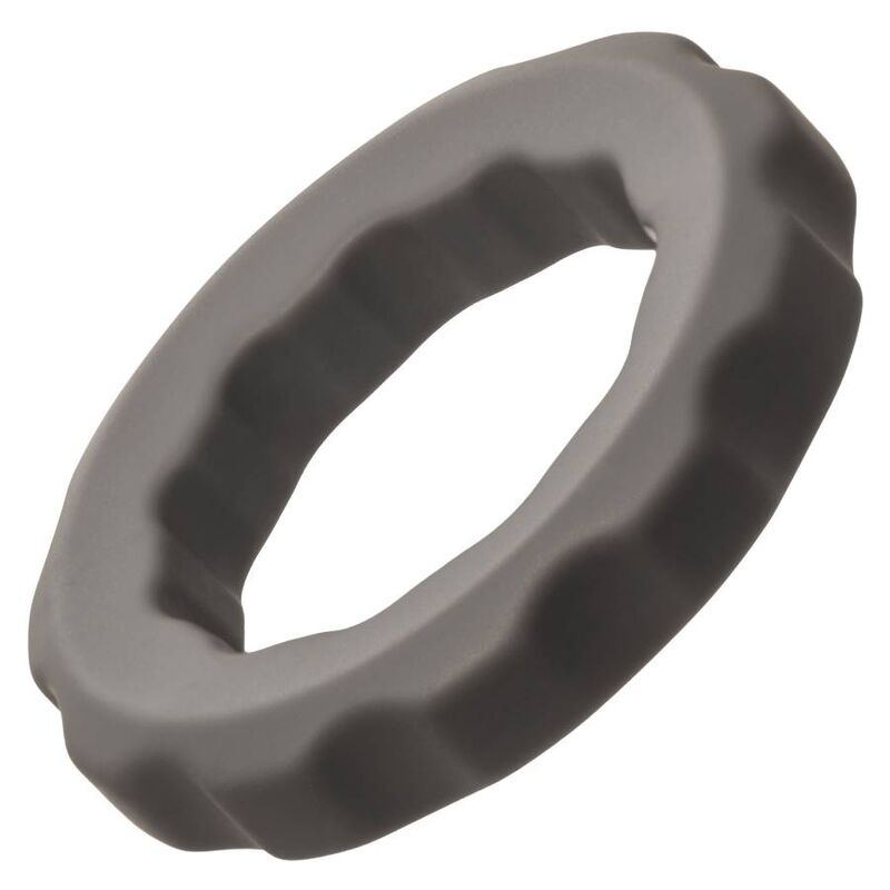 Anillo para erección gris de la marca Calexotics Alpha Erect Ring, mostrando su diseño ajustable y material de silicona.