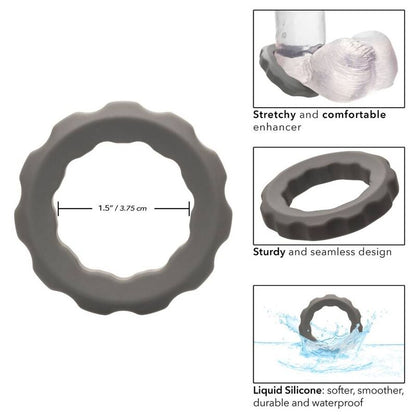 Anillo erecto gris CALEXOTICS ALPHA ERECT RING, de silicona suave, diseñado para mejorar la erección y la sensibilidad.
