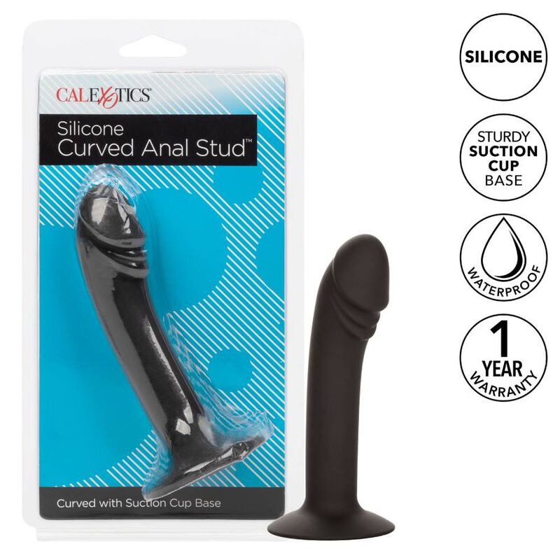 Estuche con tapón anal curvado de la marca CalExotics, diseñado para estimulación anal y placer personal.