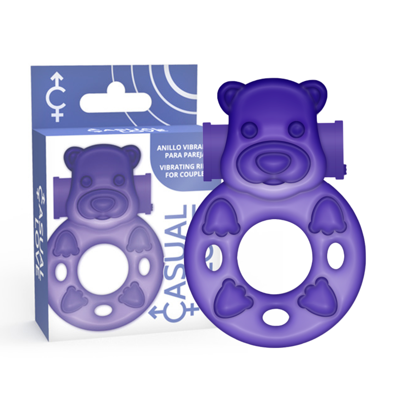 Anillo vibrador conejito lila de la marca Casual Love, diseñado para placer y diversión, con detalles suaves y ergonómicos.