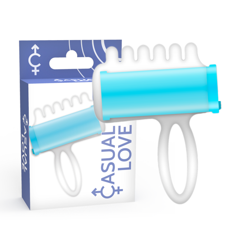 Estimulación con estimulador de dedo azul de la marca Casual Love, diseño compacto y ergonómico para uso personal.