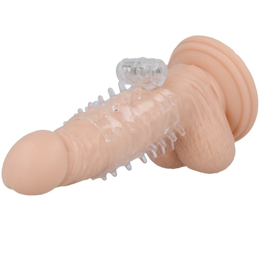 Anillo para pene de la marca Casual Love, funda vibradora transparente, con diseño ergonómico y suave para uso íntimo.