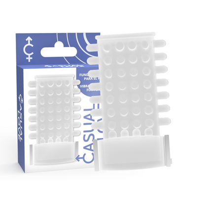 Anillo de funda para pene con vibrador transparente de la marca CASUAL LOVE, diseñado para placer y estimulación sexual.
