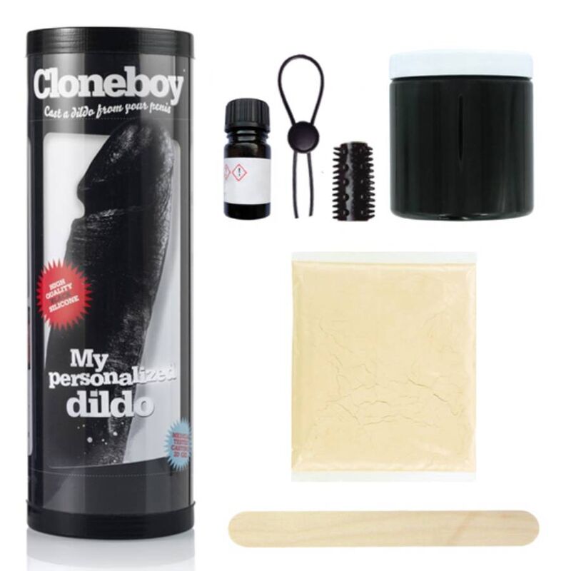 CLONEBOY black penis cloning kit displayed with instructions and materials for creating a silicone mold.