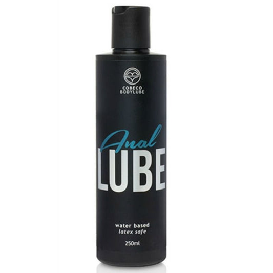 COBEC0 Bodylube Anal Lube in 250ml bottle, designed for latex compatibility, featuring a smooth, clear gel texture.