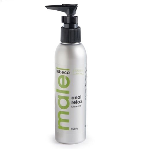 Lubricante anal relajante COBECO Male Relax de 150 ml, envase con tapa y etiqueta en fondo blanco.