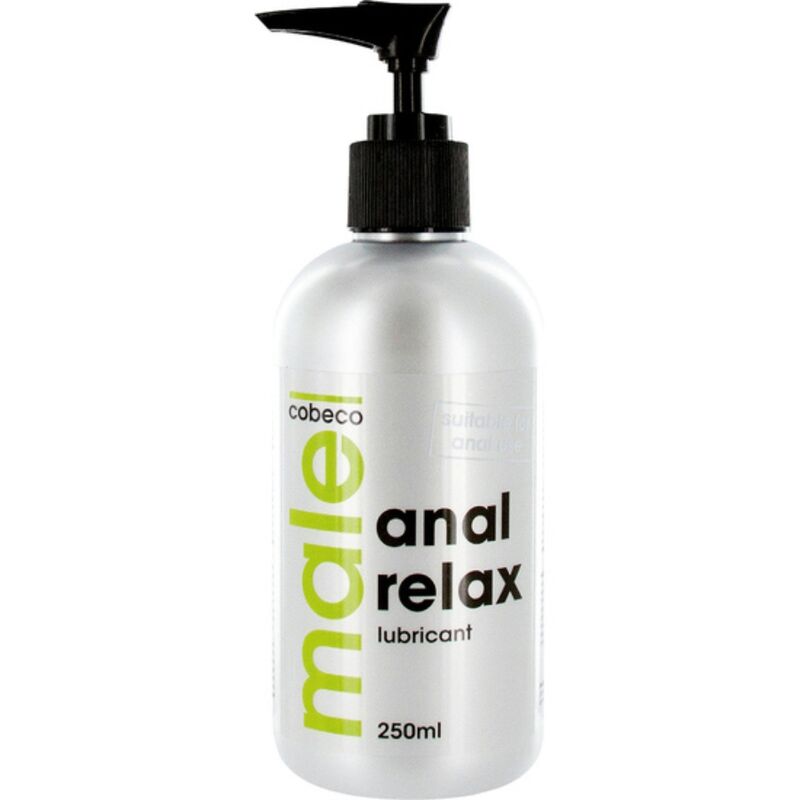 Cobeco Pharma Male Relaxing Anal Lubricant 250ml bottle, clear liquid lubricant for anal comfort and ease of use.