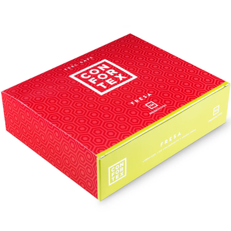 Preservativos de fresa de la marca Confortex en caja con 144 unidades, ideales para protección y placer.