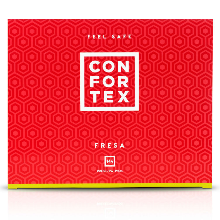 Preservativos de fresa CONFORTEX en caja de 144 unidades, con envase individual para mayor protección y frescura