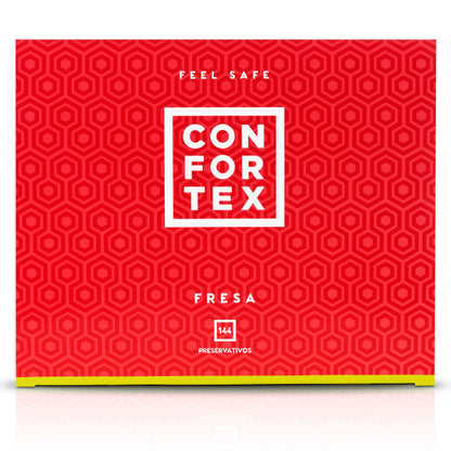 Preservativos de fresa CONFORTEX en caja de 144 unidades, con envase individual para mayor protección y frescura