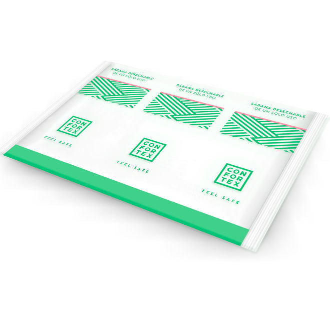 Sábanas higiénicas desechables de CONFORTEX en bolsa individual, suaves y cómodas para uso sanitario o personal.