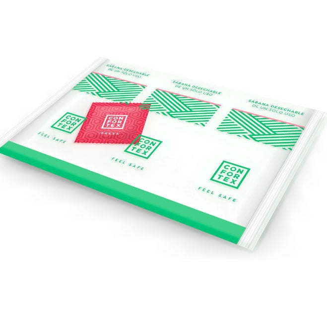 CONFORTEX disposable individual hygienic sheets with strawberry condom, showcasing packaging and product details.