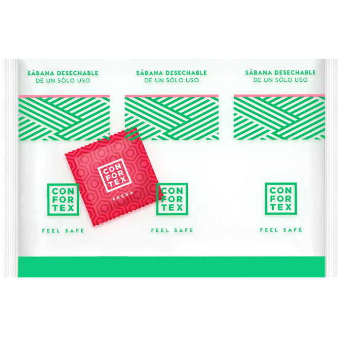 CONFORTEX disposable individual hygienic sheets and strawberry condoms displayed together on a clean surface.
