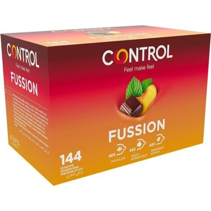 CONTROL ADAPTA FUSSION condoms pack of 144 units, featuring a sleek design and labeled packaging.