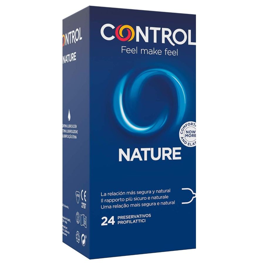 Condoms CONTROL ADAPTA NATURE de 24 unidades, preservativos de látex con textura natural y diseño ajustable para mayor comodidad.